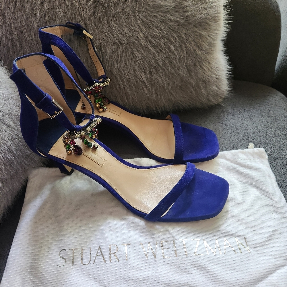 Stuart Weitzman Blue Heeled Sandals with Tassels on Ankle Strap